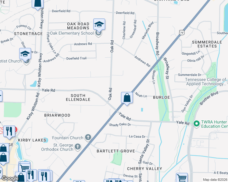 map of restaurants, bars, coffee shops, grocery stores, and more near 3334 Oak Road in Memphis