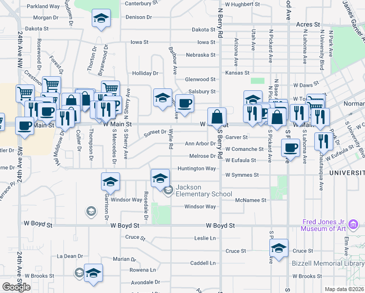 map of restaurants, bars, coffee shops, grocery stores, and more near 1322 Ann Arbor Drive in Norman