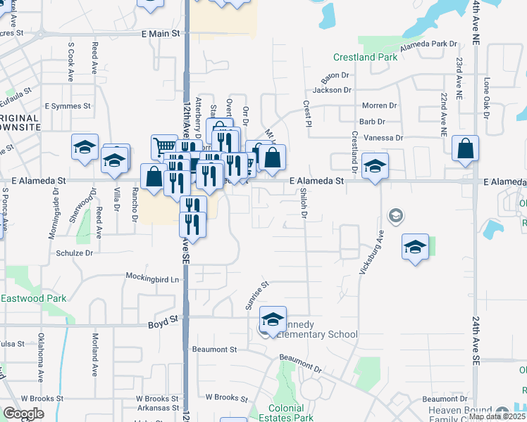map of restaurants, bars, coffee shops, grocery stores, and more near 1414 Bill Carrol Drive in Norman