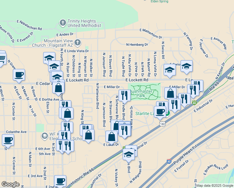 map of restaurants, bars, coffee shops, grocery stores, and more near 2701 East Elder Drive in Flagstaff