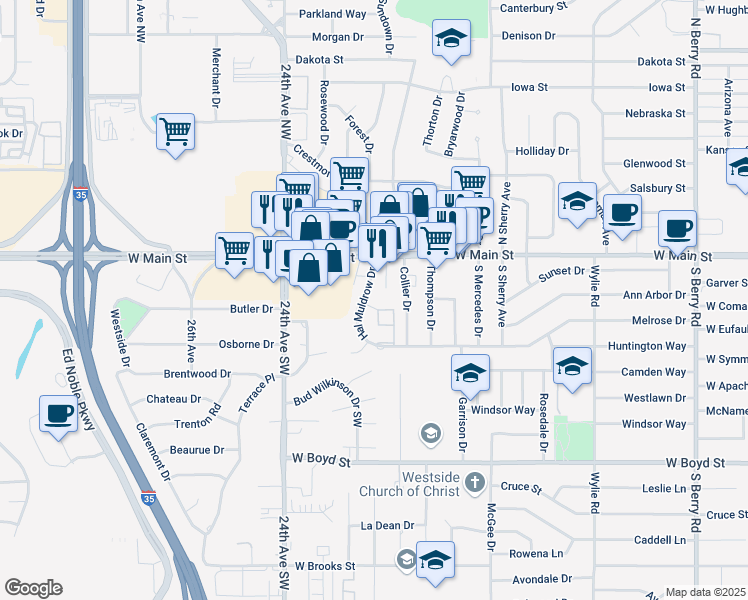 map of restaurants, bars, coffee shops, grocery stores, and more near 246 Muldrow Court in Norman