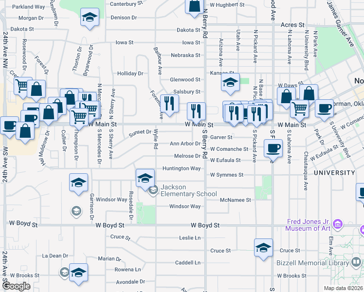 map of restaurants, bars, coffee shops, grocery stores, and more near 1306 Ann Arbor Drive in Norman