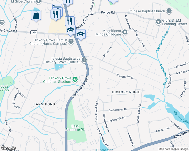 map of restaurants, bars, coffee shops, grocery stores, and more near 7663 Petrea Lane in Charlotte