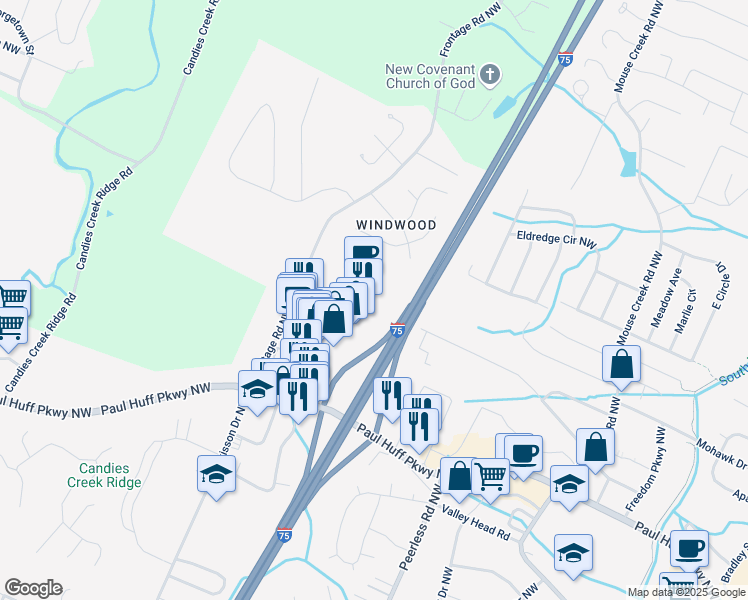 map of restaurants, bars, coffee shops, grocery stores, and more near 4570 Frontage Road Northwest in Cleveland