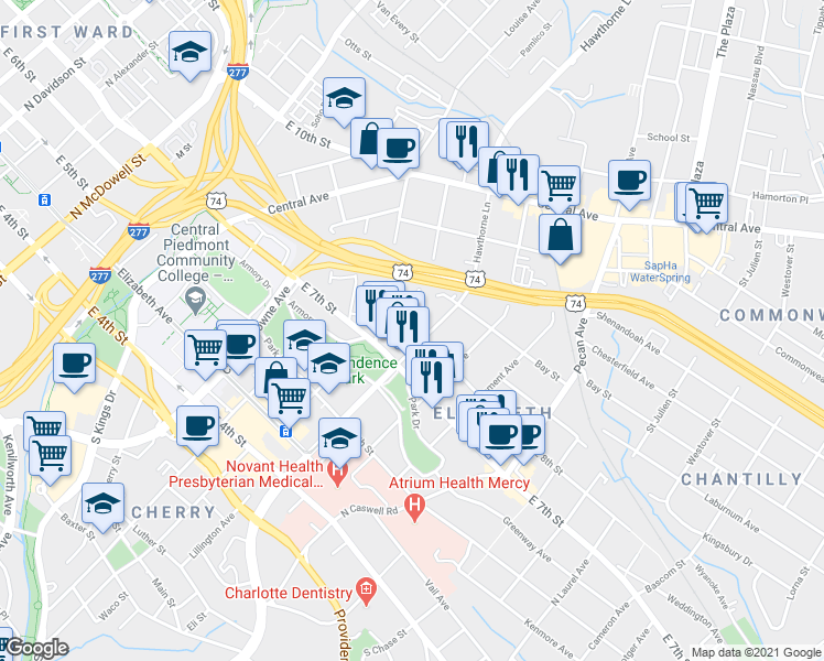 map of restaurants, bars, coffee shops, grocery stores, and more near 1610 East 8th Street in Charlotte