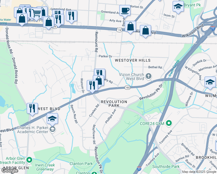 map of restaurants, bars, coffee shops, grocery stores, and more near 1500 West Boulevard in Charlotte