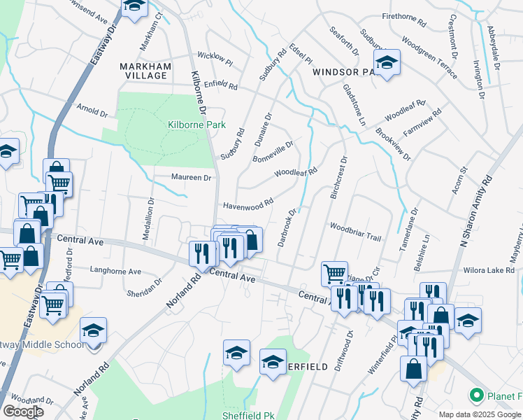 map of restaurants, bars, coffee shops, grocery stores, and more near 3811 Havenwood Road in Charlotte