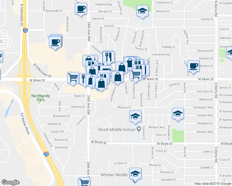 map of restaurants, bars, coffee shops, grocery stores, and more near 252 Muldrow Court in Norman