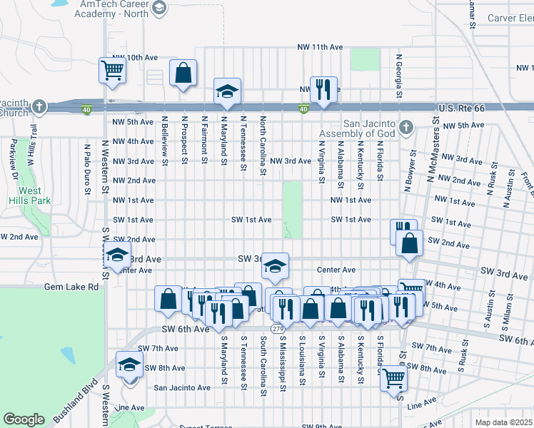 map of restaurants, bars, coffee shops, grocery stores, and more near 82 North Carolina Street in Amarillo