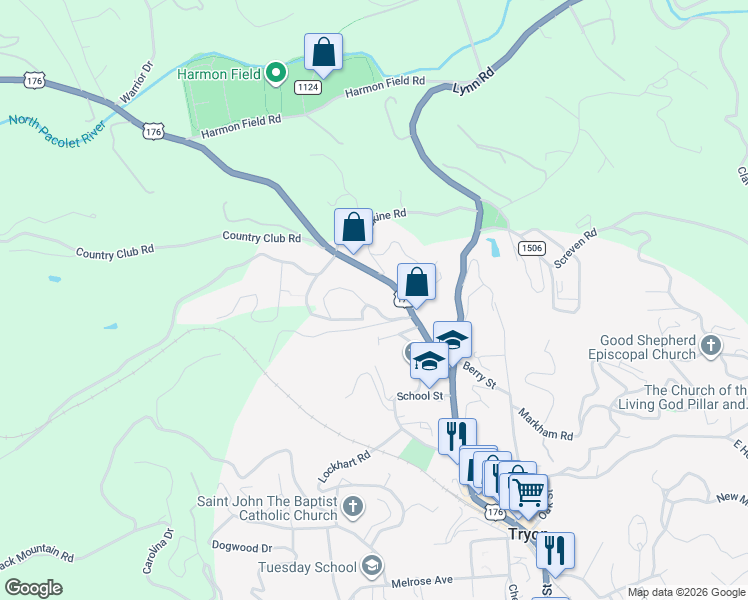 map of restaurants, bars, coffee shops, grocery stores, and more near 241 Hidden Hill Road in Tryon