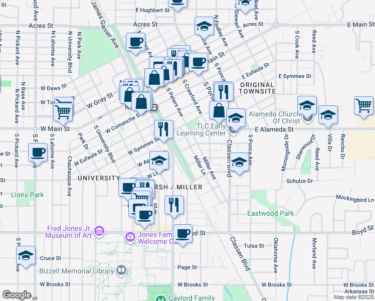 map of restaurants, bars, coffee shops, grocery stores, and more near 114 Castro Street in Norman