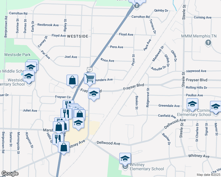 map of restaurants, bars, coffee shops, grocery stores, and more near 1148 Frayser Boulevard in Memphis