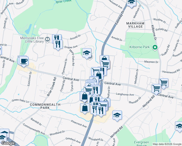 map of restaurants, bars, coffee shops, grocery stores, and more near 1638 Longfellow Street in Charlotte