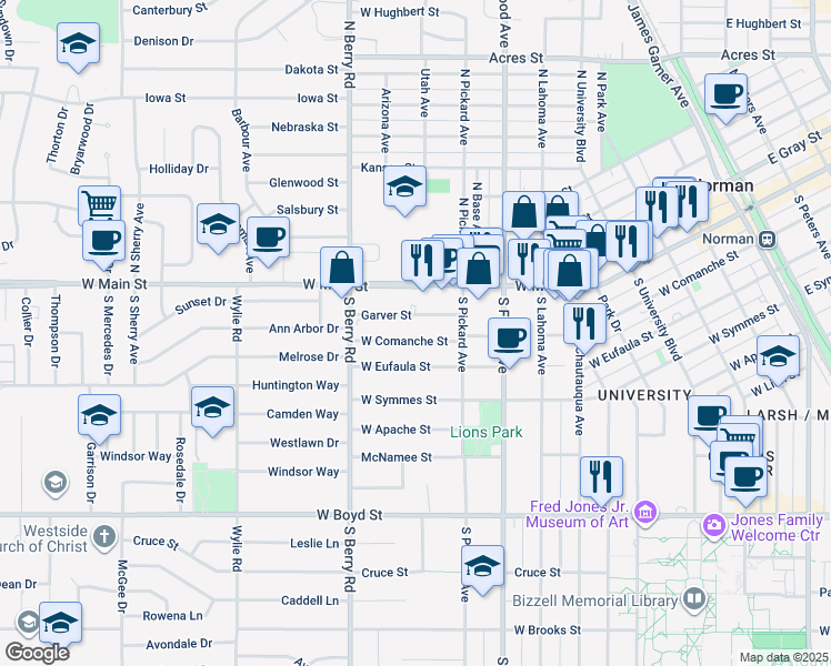 map of restaurants, bars, coffee shops, grocery stores, and more near 919 West Comanche Street in Norman