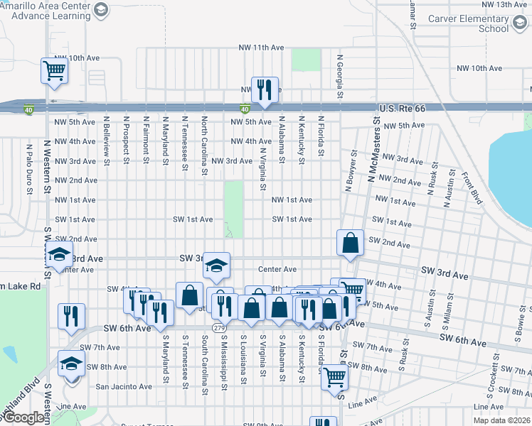 map of restaurants, bars, coffee shops, grocery stores, and more near 82 North Virginia Street in Amarillo