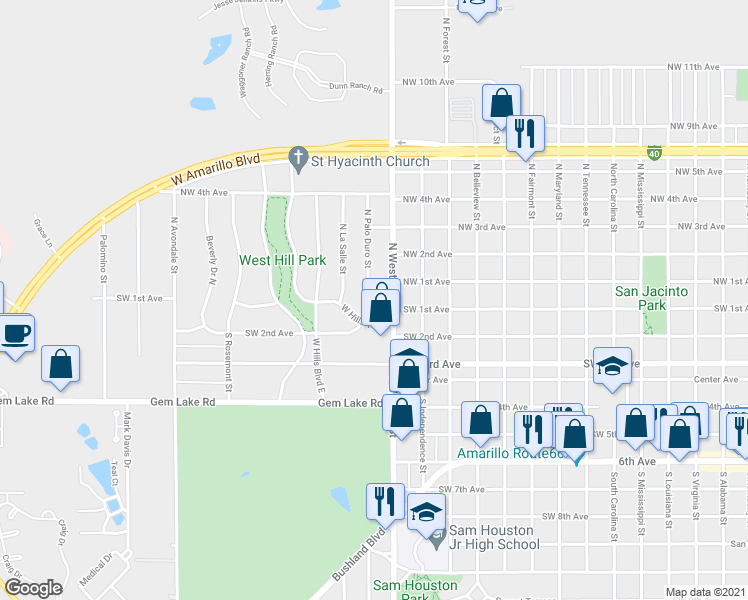 map of restaurants, bars, coffee shops, grocery stores, and more near 104 South Western Street in Amarillo