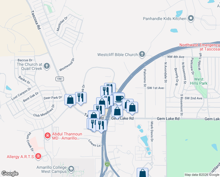 map of restaurants, bars, coffee shops, grocery stores, and more near 5601 Plum Creek Drive in Amarillo