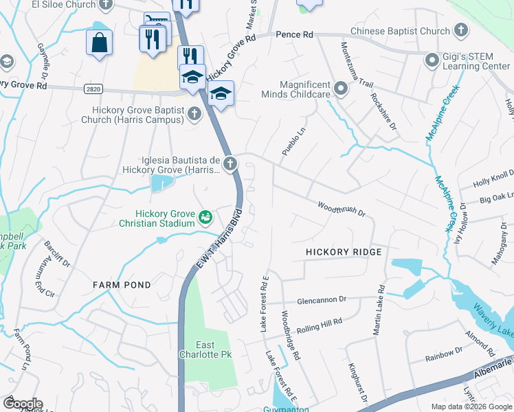 map of restaurants, bars, coffee shops, grocery stores, and more near 7663 Petrea Lane in Charlotte