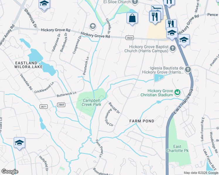 map of restaurants, bars, coffee shops, grocery stores, and more near 6608 Wagon Oak Road in Charlotte