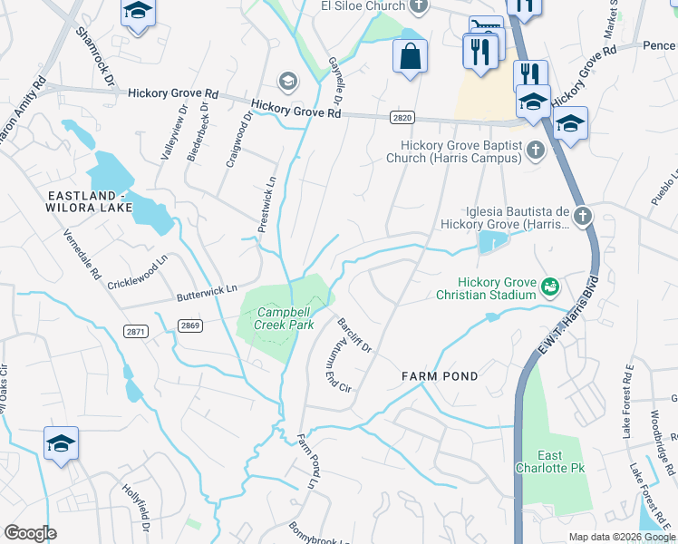 map of restaurants, bars, coffee shops, grocery stores, and more near 6608 Wagon Oak Road in Charlotte