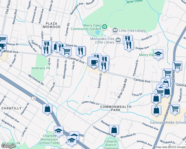 map of restaurants, bars, coffee shops, grocery stores, and more near 1707 Eastcrest Drive in Charlotte