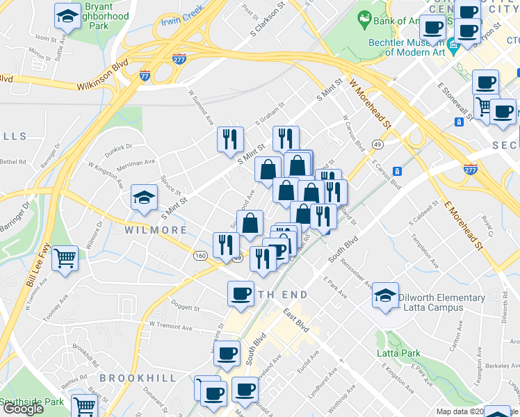 map of restaurants, bars, coffee shops, grocery stores, and more near in Charlotte