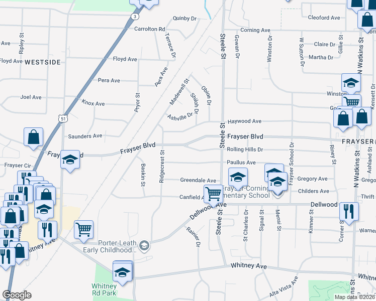 map of restaurants, bars, coffee shops, grocery stores, and more near 1373 Frayser Boulevard in Memphis