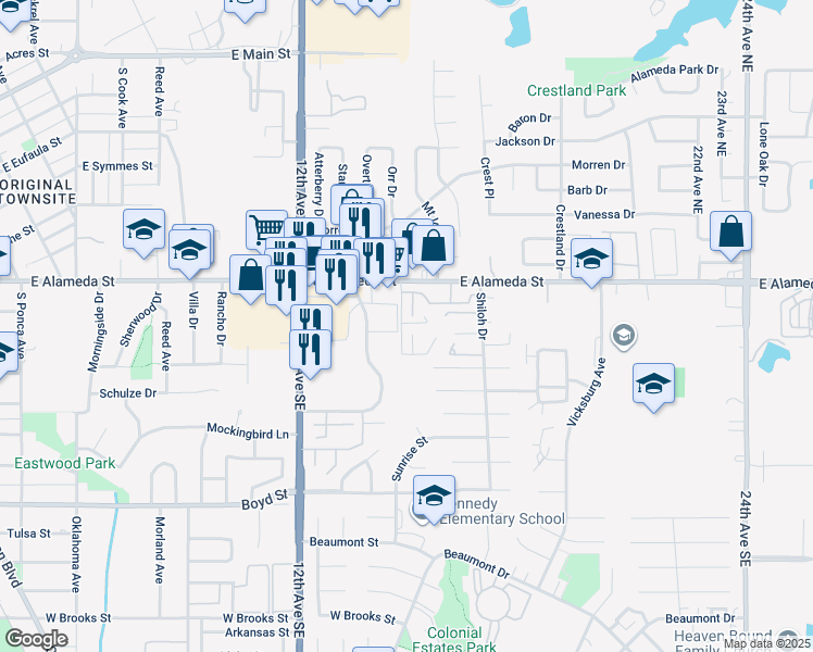 map of restaurants, bars, coffee shops, grocery stores, and more near 1410 Bill Carrol Drive in Norman