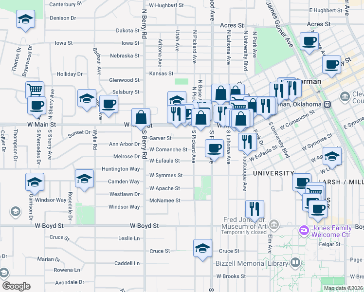 map of restaurants, bars, coffee shops, grocery stores, and more near 903 West Comanche Street in Norman