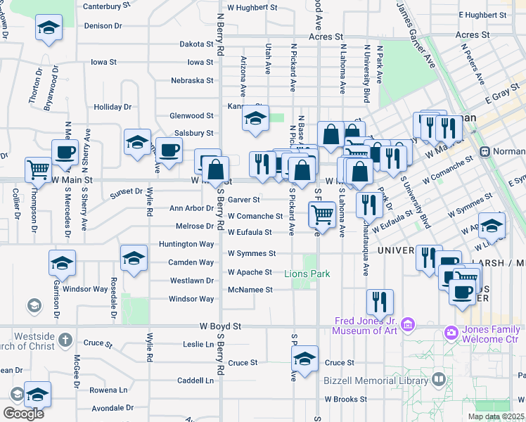 map of restaurants, bars, coffee shops, grocery stores, and more near 919 West Comanche Street in Norman