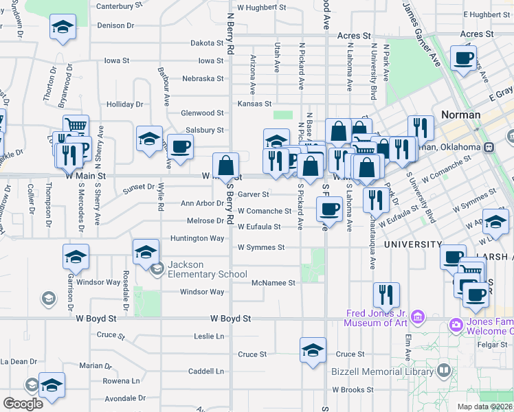map of restaurants, bars, coffee shops, grocery stores, and more near 1119 West Comanche Street in Norman