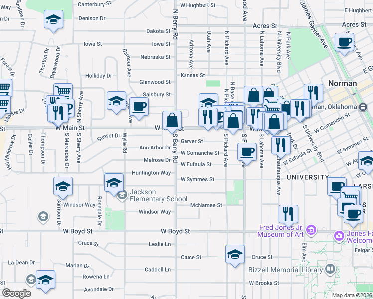 map of restaurants, bars, coffee shops, grocery stores, and more near 1119 West Comanche Street in Norman