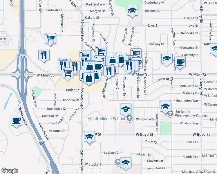 map of restaurants, bars, coffee shops, grocery stores, and more near 203 Hal Muldrow Drive in Norman