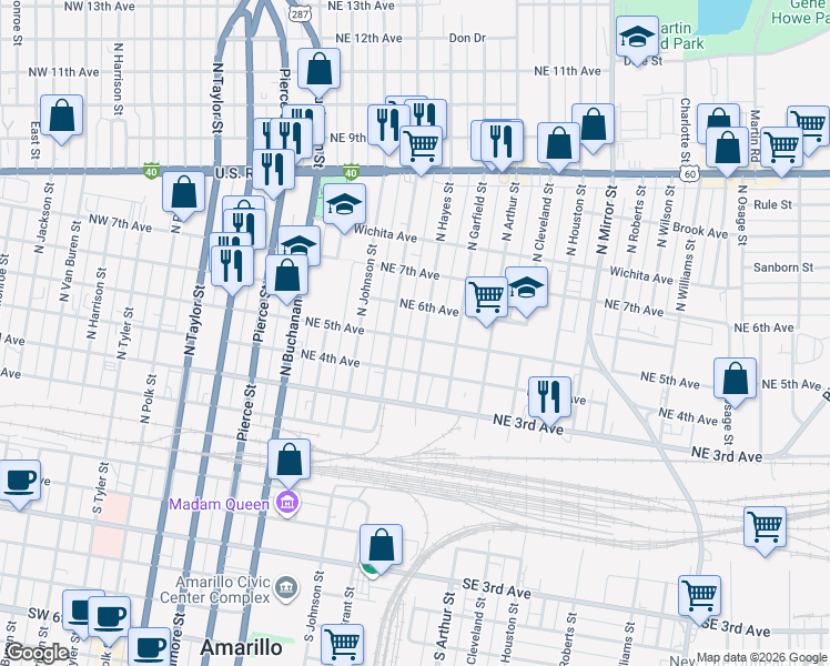 map of restaurants, bars, coffee shops, grocery stores, and more near 500 North Grant Street in Amarillo