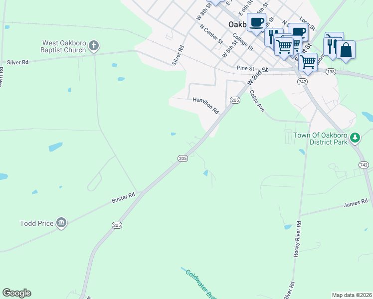 map of restaurants, bars, coffee shops, grocery stores, and more near 8639 North Carolina 205 in Oakboro