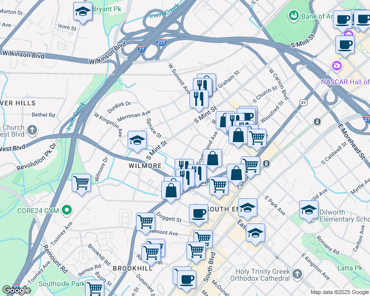map of restaurants, bars, coffee shops, grocery stores, and more near 401 West Park Avenue in Charlotte