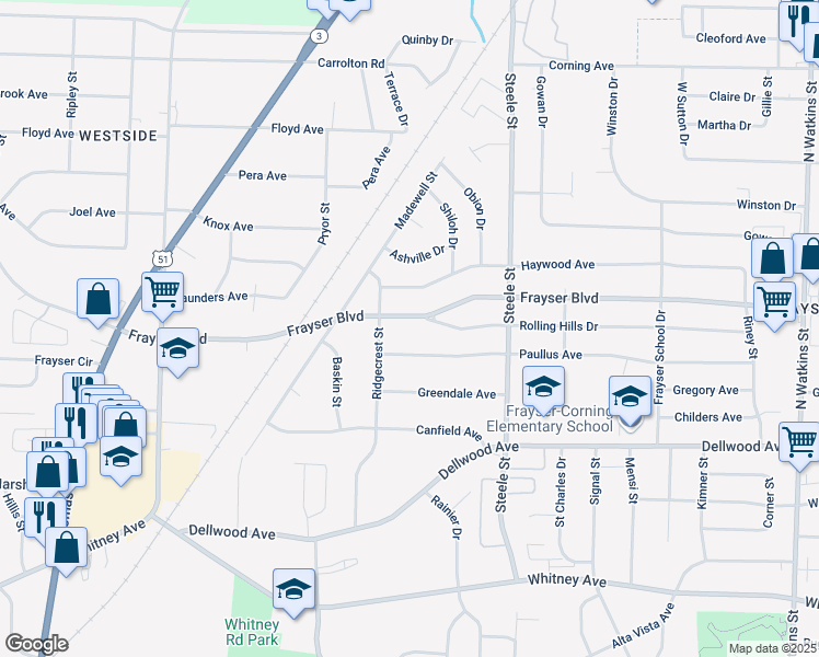 map of restaurants, bars, coffee shops, grocery stores, and more near 1349 Frayser Boulevard in Memphis