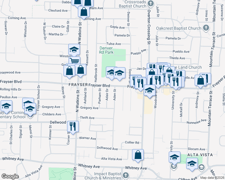 map of restaurants, bars, coffee shops, grocery stores, and more near 3343 Aden Street in Memphis