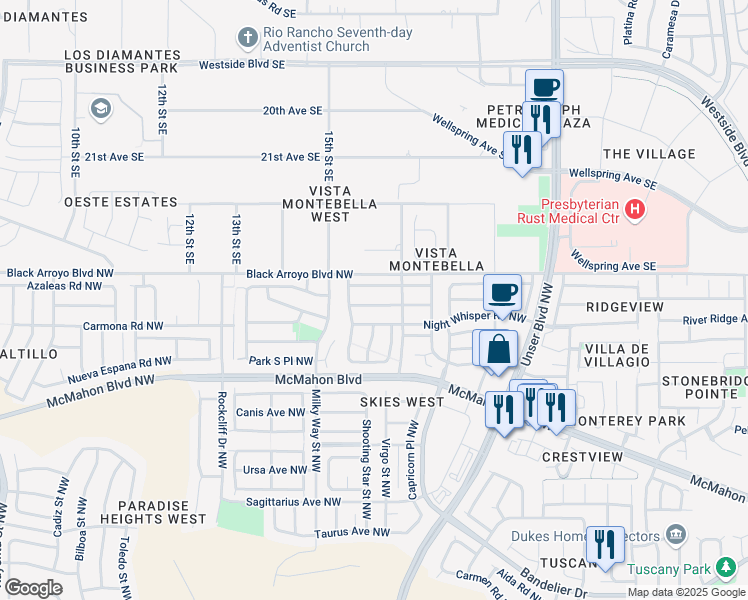 map of restaurants, bars, coffee shops, grocery stores, and more near 5931 Night Rose Avenue Northwest in Albuquerque