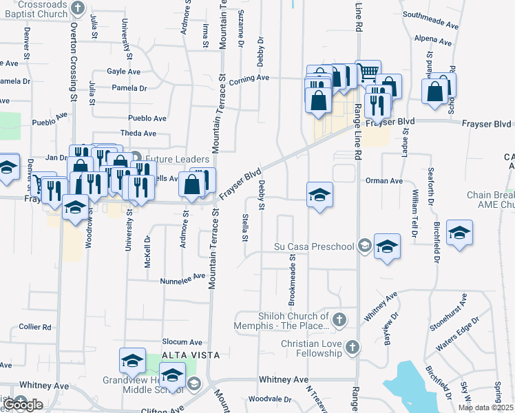 map of restaurants, bars, coffee shops, grocery stores, and more near 3347 Debby Street in Memphis