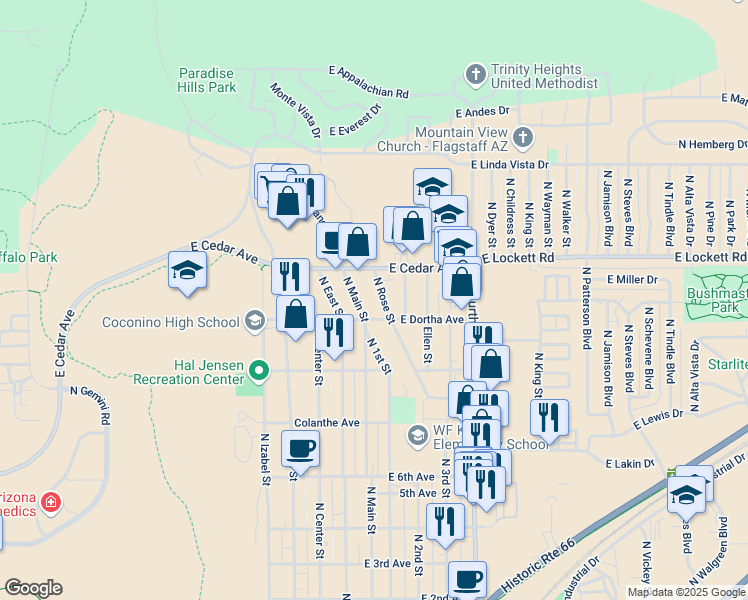 map of restaurants, bars, coffee shops, grocery stores, and more near 2917 North Rose Street in Flagstaff