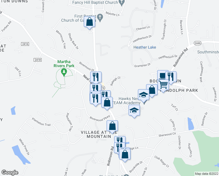 map of restaurants, bars, coffee shops, grocery stores, and more near 814 Raleigh Court in Gastonia