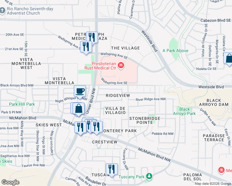 map of restaurants, bars, coffee shops, grocery stores, and more near 5501 Mesa Ridge Road Northwest in Albuquerque