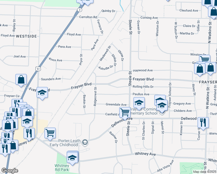 map of restaurants, bars, coffee shops, grocery stores, and more near 1373 Frayser Boulevard in Memphis