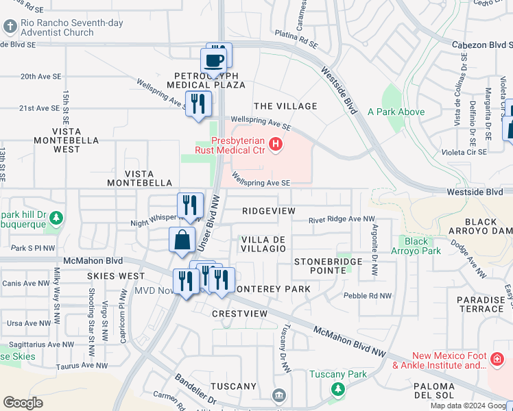 map of restaurants, bars, coffee shops, grocery stores, and more near 5515 Mesa Ridge Road Northwest in Albuquerque