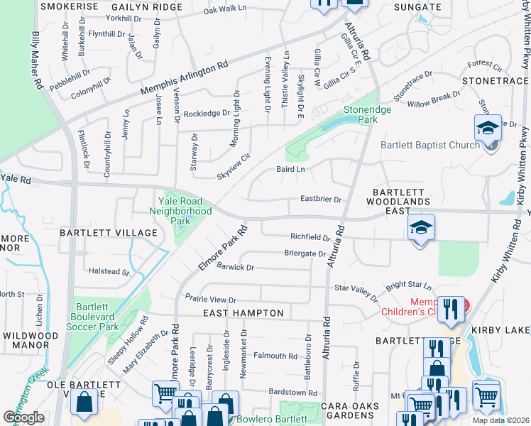 map of restaurants, bars, coffee shops, grocery stores, and more near 6354 Yale Road in Bartlett