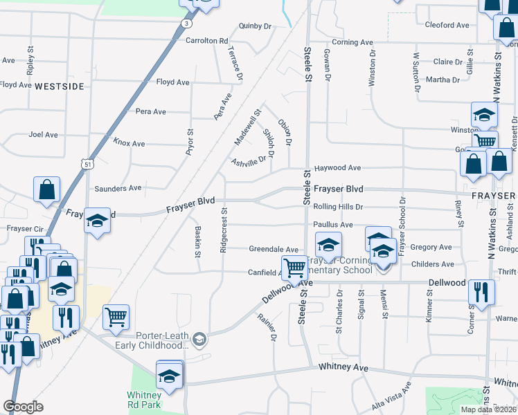 map of restaurants, bars, coffee shops, grocery stores, and more near 1373 Frayser Boulevard in Memphis