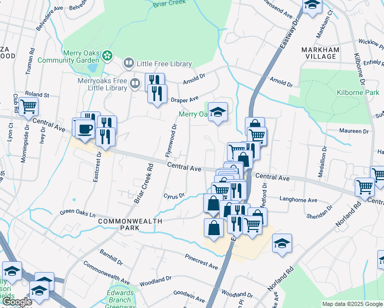 map of restaurants, bars, coffee shops, grocery stores, and more near 1624 Merry Oaks Road in Charlotte