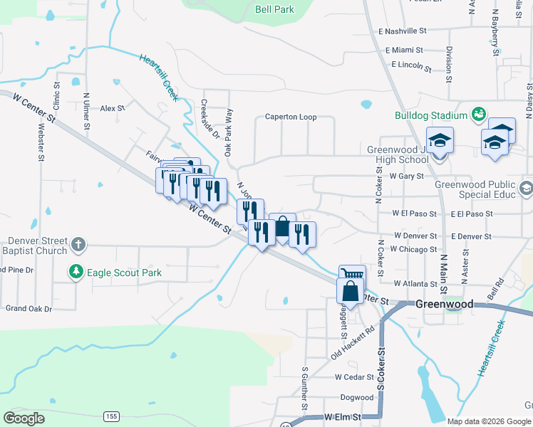map of restaurants, bars, coffee shops, grocery stores, and more near 600 West Denver Street in Greenwood