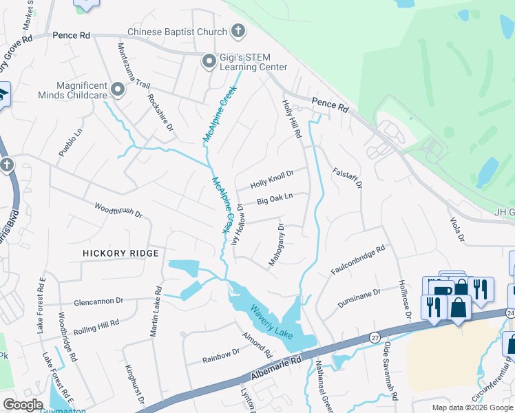 map of restaurants, bars, coffee shops, grocery stores, and more near 6411 Big Oak Lane in Charlotte